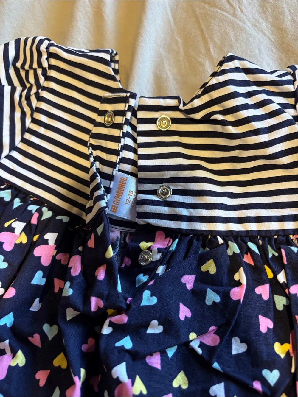 Gymboree Navy Dress with Multicolor Hearts and Pink Trim